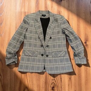 1.STATE Womens Plaid Double Breasted Ruched Sleeve Blazer Grey Yellow Size M